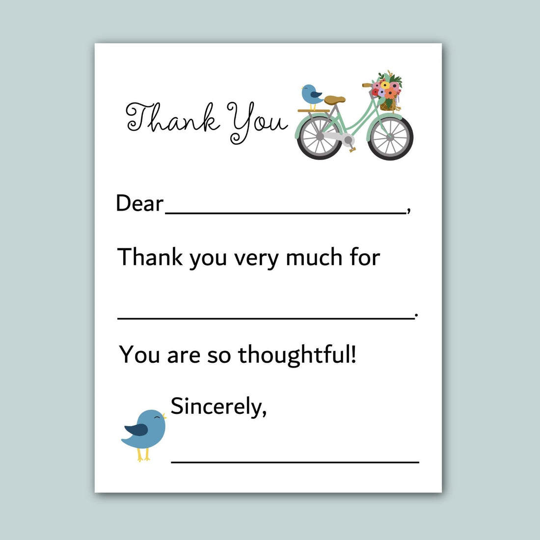 a handwritten note with a bicycle and flowers, along with a bird illustration. The note expresses gratitude and thanks for something, with the recipient&