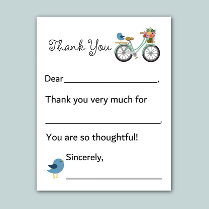 a handwritten note with a bicycle and flowers, along with a bird illustration. The note expresses gratitude and thanks for something, with the recipient&