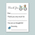 a handwritten note with a bicycle and flowers, along with a bird illustration. The note expresses gratitude and thanks for something, with the recipient&