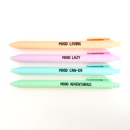Four pastel gel pens stacked vertically on a white background, each with a different color and printed with a black text label: &