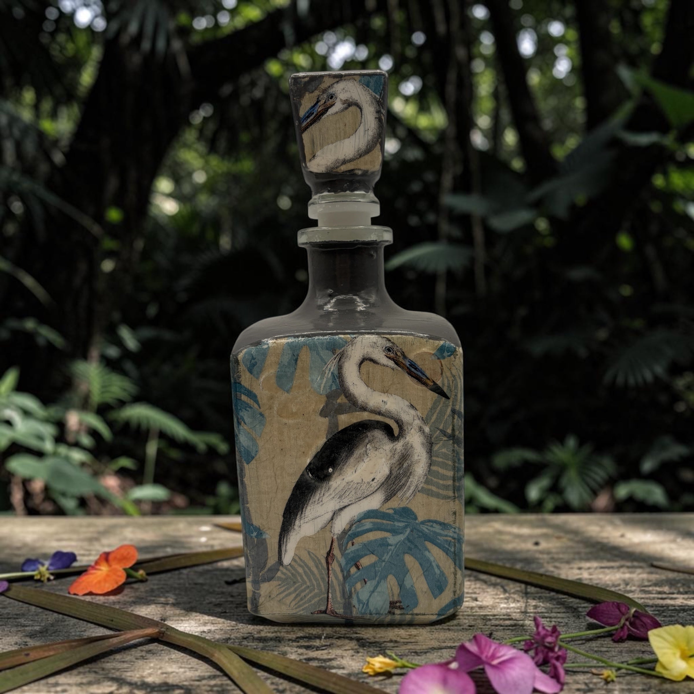 Decoupaged Tequila Bottle, Gray Heron Crane Nature Bar Decor, Refillable Liquor Bottle, Handmade Upcycled Bird Art