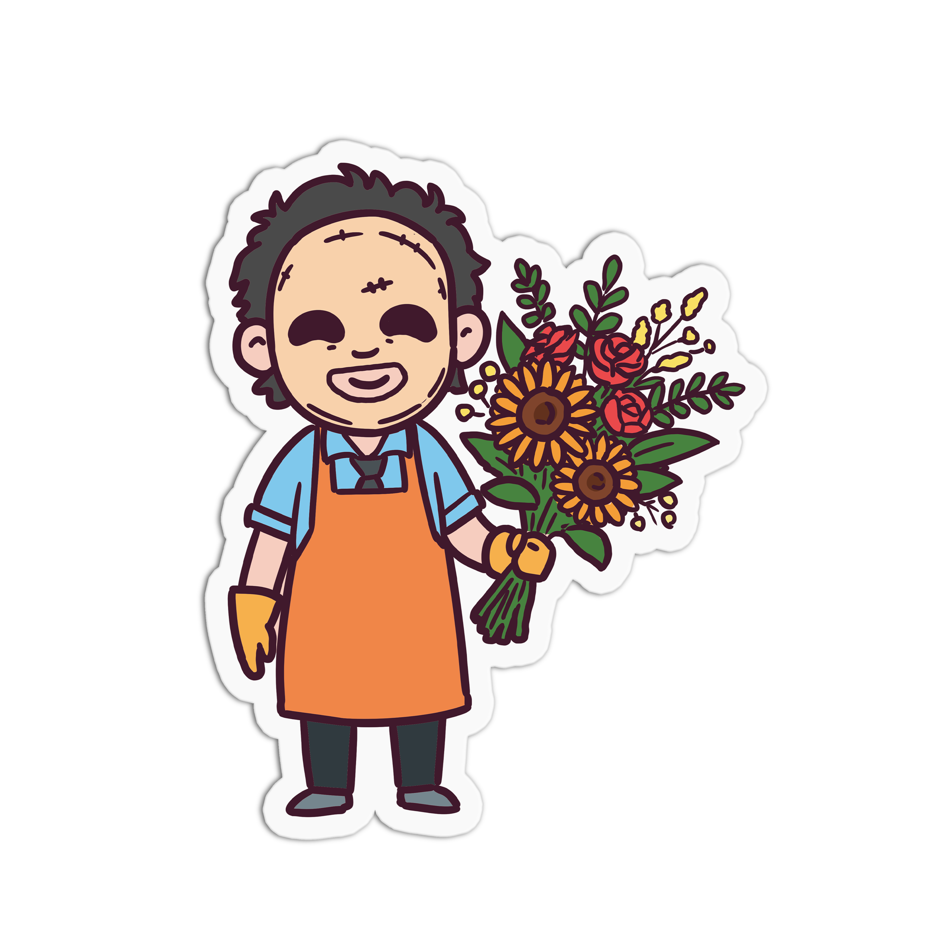 Illustration of a person wearing an apron holding a bouquet of flowers on a white background