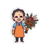 Illustration of a person wearing an apron holding a bouquet of flowers on a white background