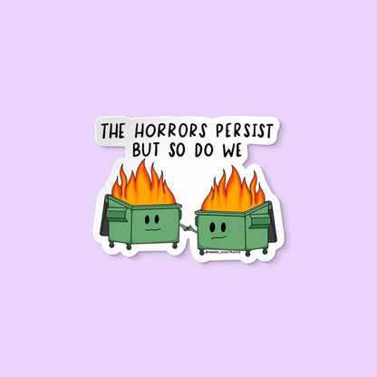 Sticker with two cartoon trash cans with flames and a speech bubble saying &