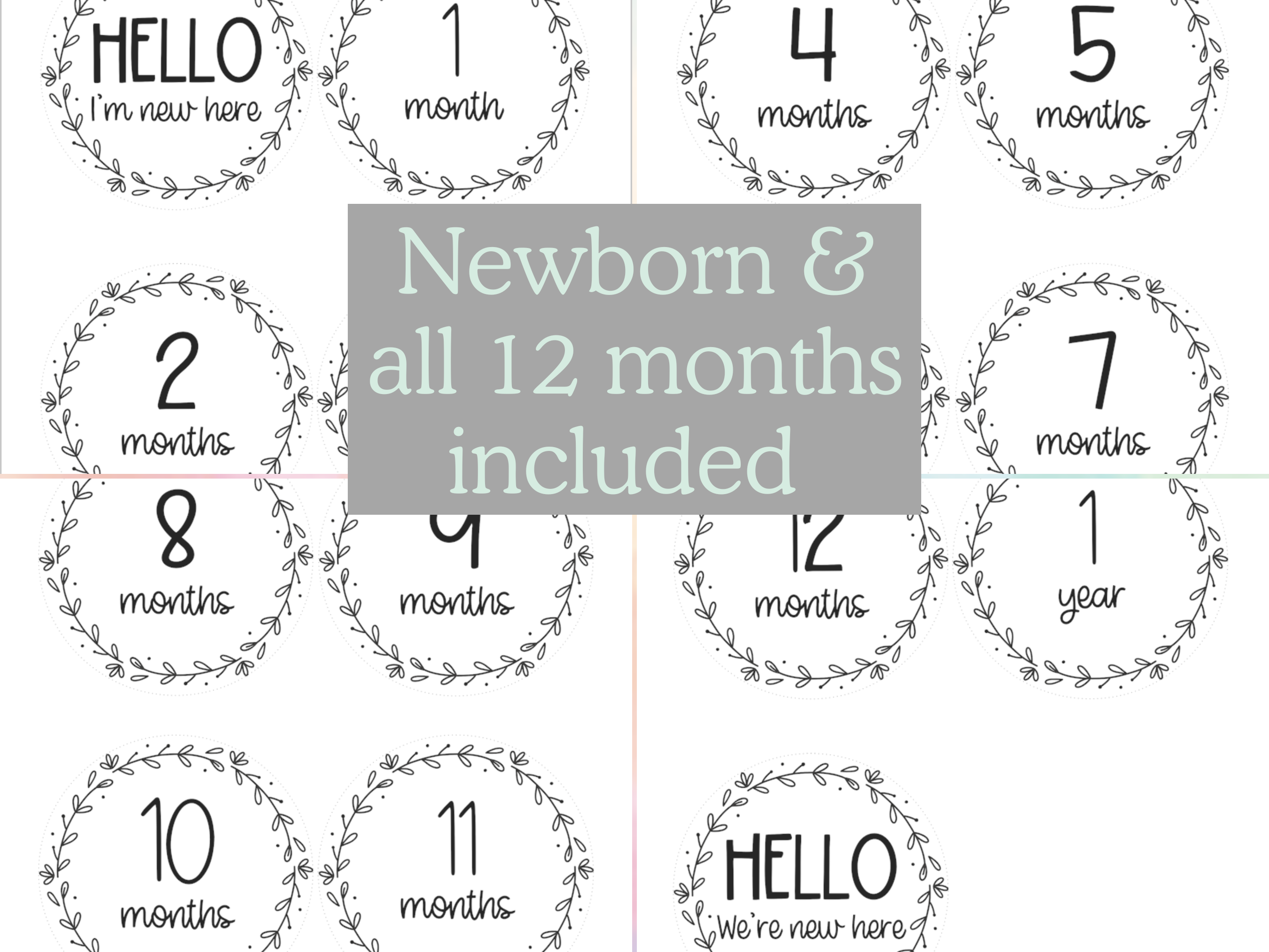 Pastel green text over light gray box that reads "Newborn and all 12 months included". Black and white image of templates with 1 through 12 months and 1 year. Hello I&