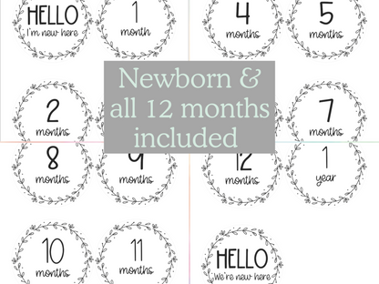 Pastel green text over light gray box that reads "Newborn and all 12 months included". Black and white image of templates with 1 through 12 months and 1 year. Hello I&