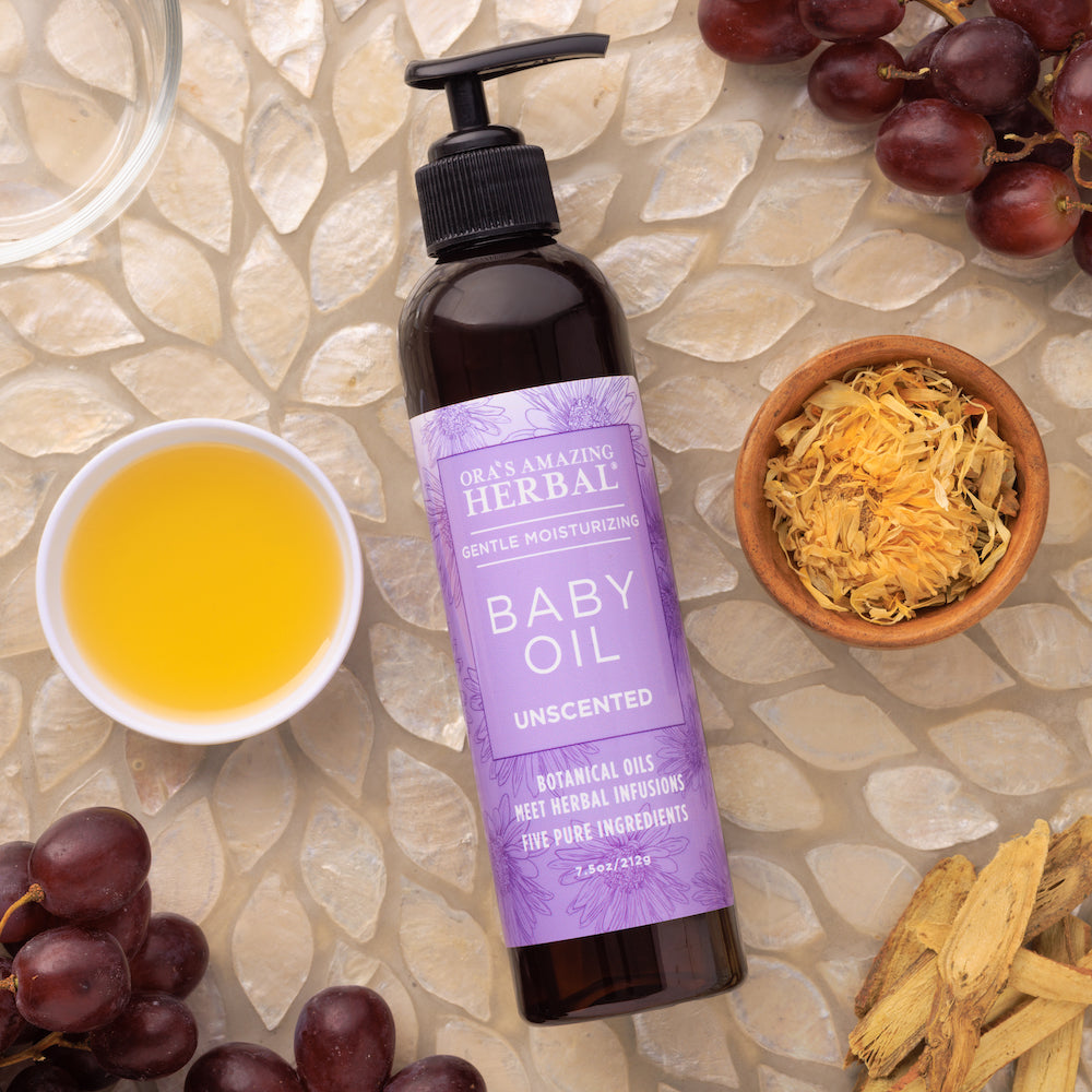 Baby Oil 7.5oz Bottle Lifestyle Indoor Texture Herbs