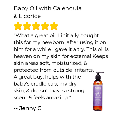Product review for baby oil with calendula and licorice, featuring a five-star rating and a bottle of the product on a white background.