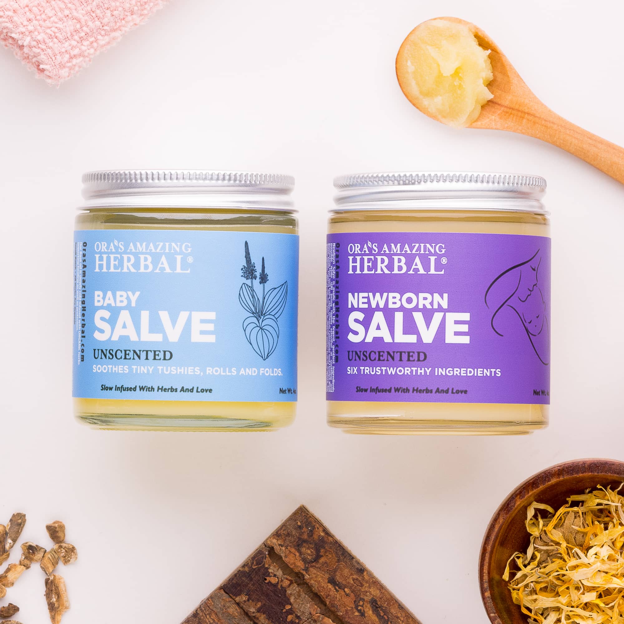Baby Salve and Newborn Salve Lifestyle Indoor Texture Herbs 4oz Jars