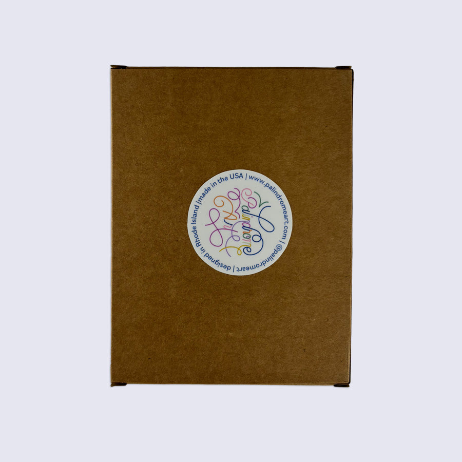 back of boxed card set with Palindrome Art sticker
