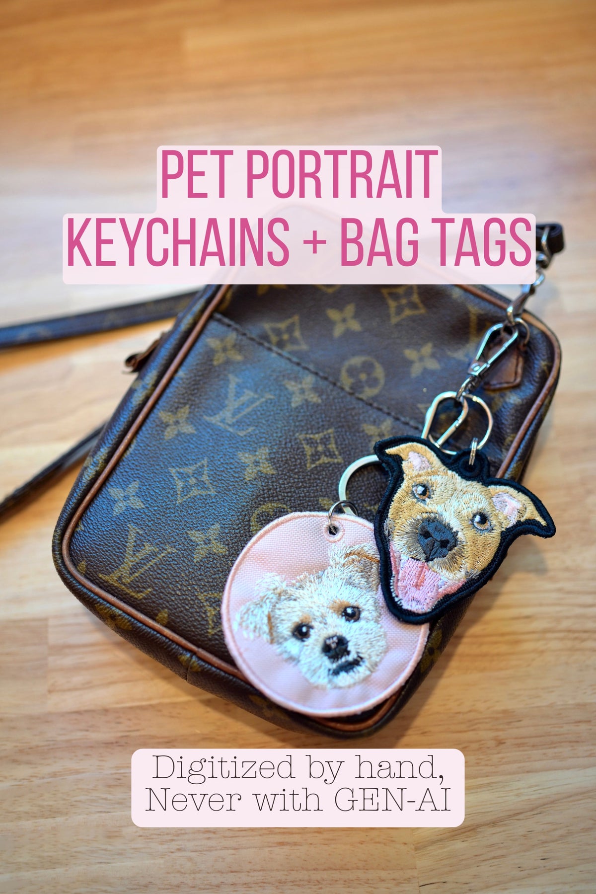 Custom Embroidered Pet Portrait Keychains + Bag Tags - NO AI - $5 Donation to Caitie&