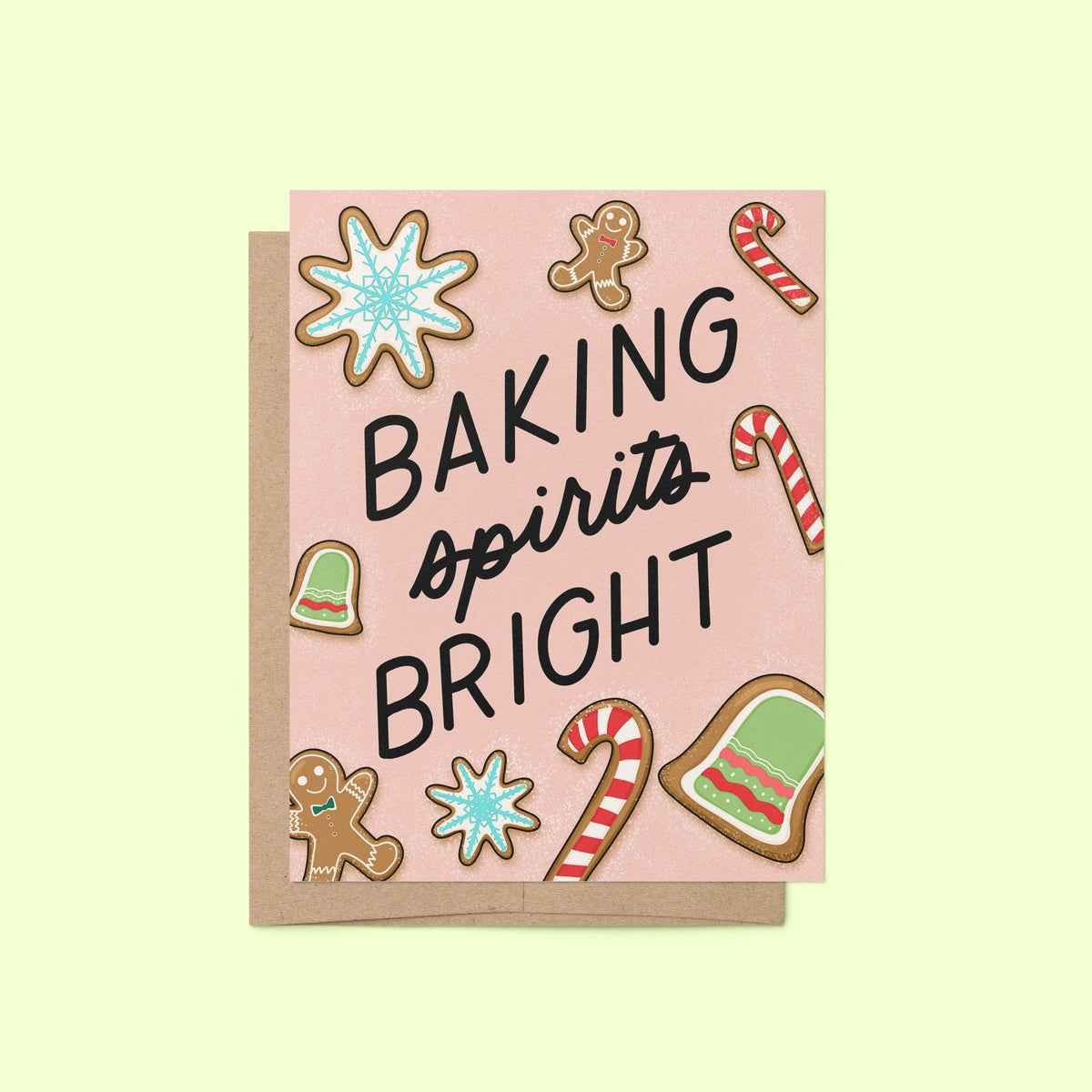 Baking Spirits Bright holiday card flat lay — illustrated Christmas cookie card for bakers by indie artist MangoIllustrated
