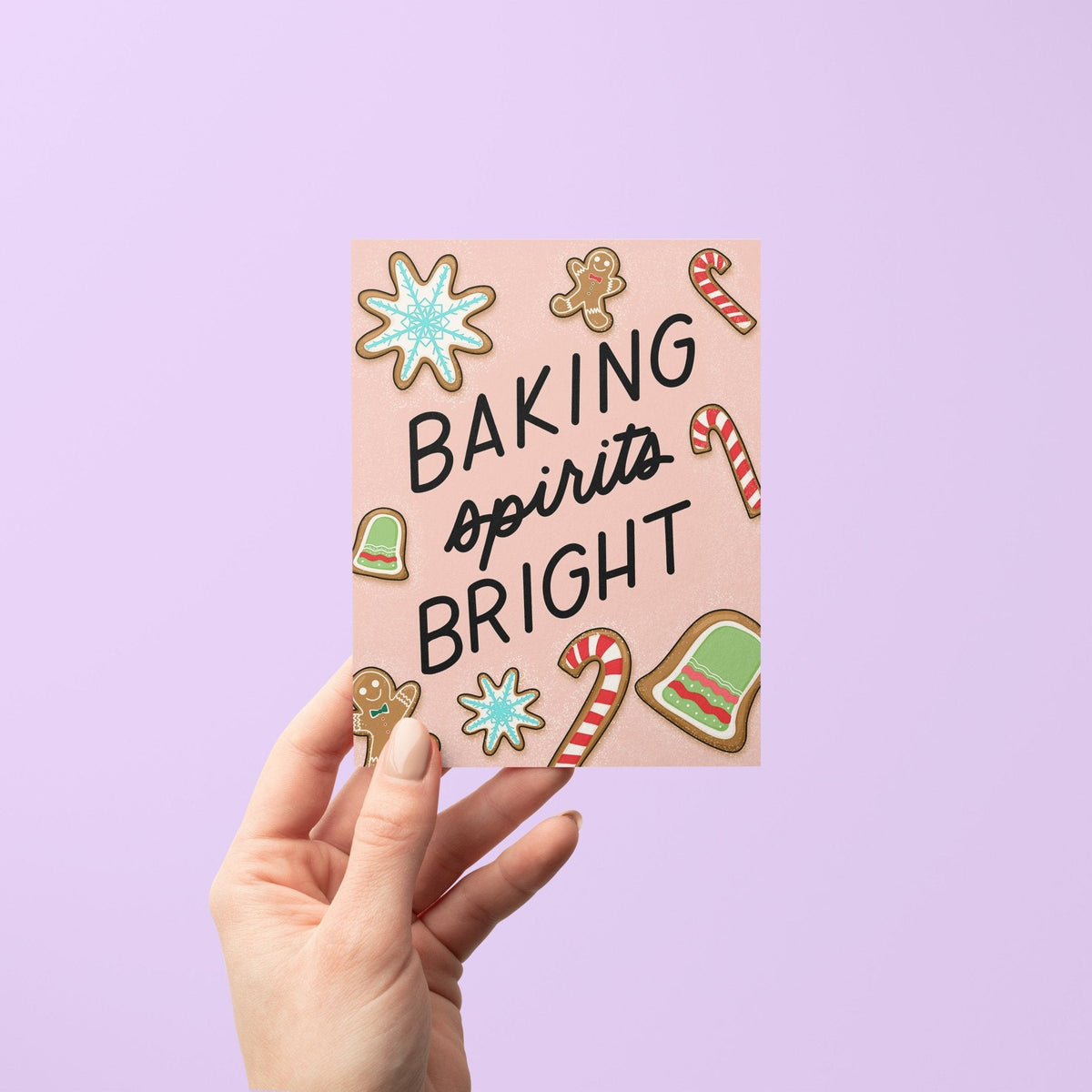 Baking Spirits Bright holiday card with A2 kraft envelope — hand lettered Christmas card by indie artist MangoIllustrated
