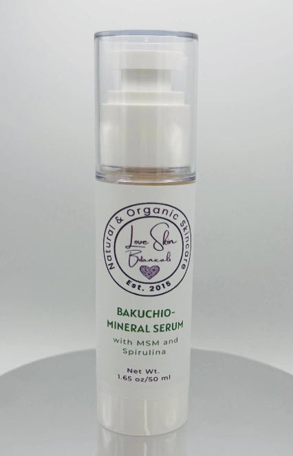 Bakuchio - Mineral Serum – Bakuchiol - Retinol Alternative with MSM &amp; Centella Asiatica - Love Skin Botanicals - Skincare serum bottle with label on a white background - 634855166569