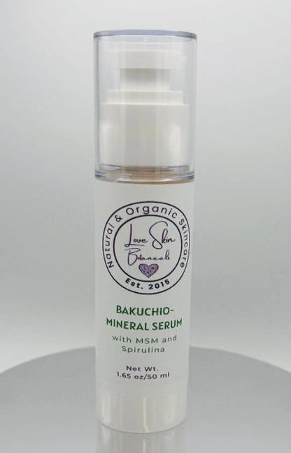 Bakuchio - Mineral Serum – Bakuchiol - Retinol Alternative with MSM &amp; Centella Asiatica - Love Skin Botanicals - Skincare serum bottle with label on a white background - 634855166569