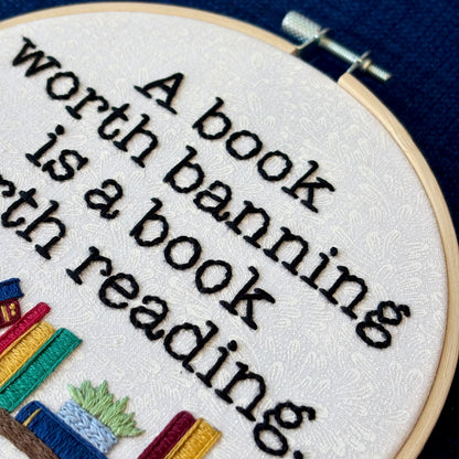 Banned Books Hand Embroidery Pattern: Snarky Quote, Bookshelf, Plant (PDF Digital Download)