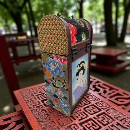 Japanese Inspired Vintage Decoupaged Double Wine Carrier: Asian Fabric, 18K Gold Leaf trim