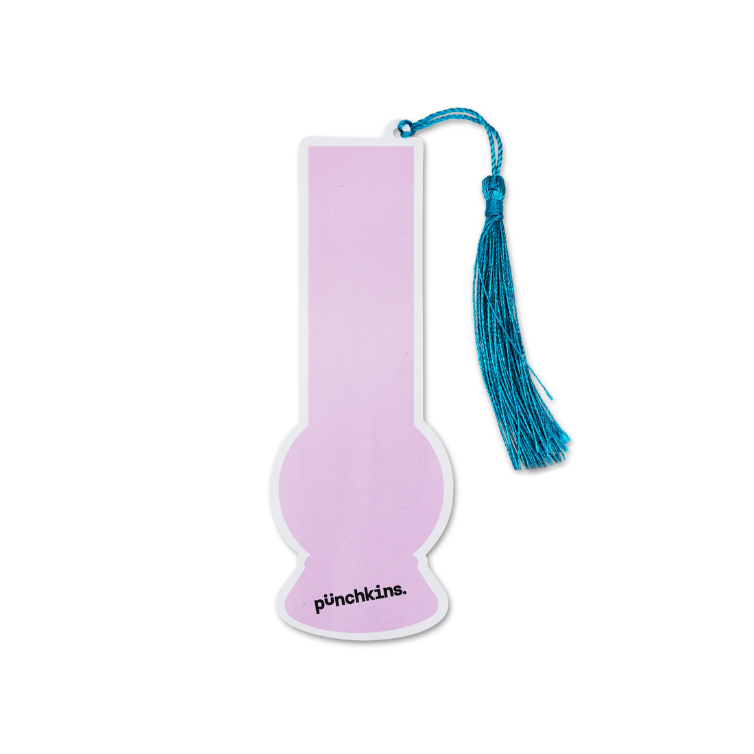 Pink bookmark with blue tassel on a white background