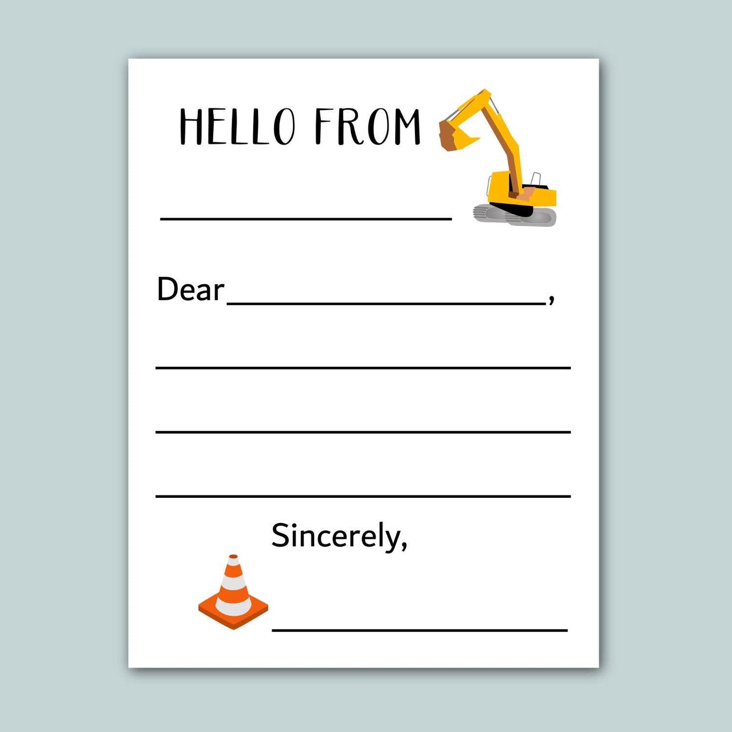 a construction-themed letterhead with a construction vehicle illustration, a blank space for a message, and a traffic cone illustration. The letterhead has a simple, clean design with a white background and black text.