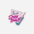 A die-cut sticker featuring retro-style pink and teal text that reads &