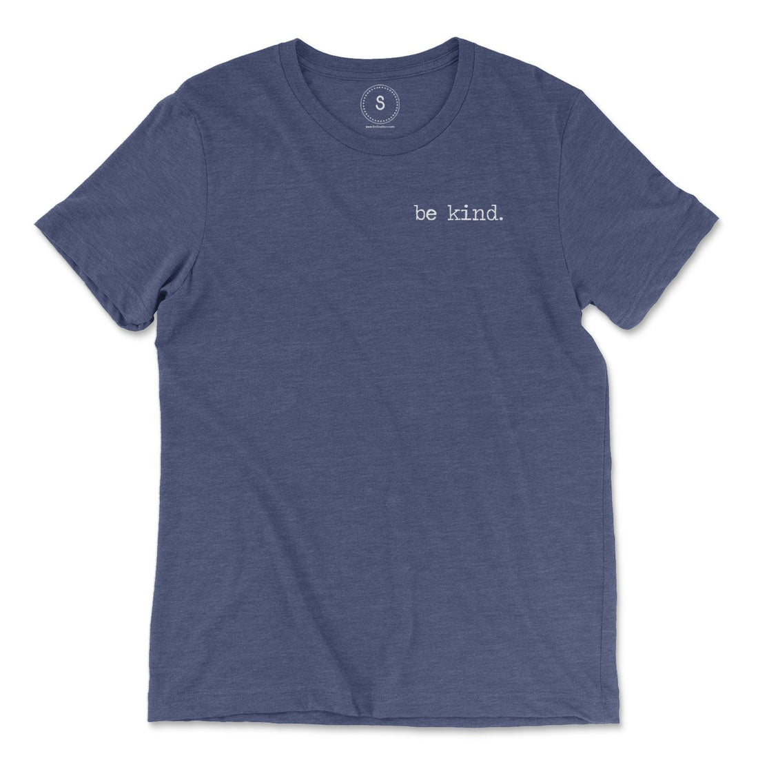 Navy blue premium heather short sleeve tee with small white "be kind." embroidery on left chest