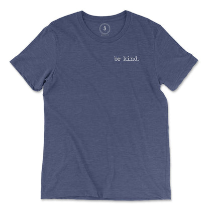 Navy blue premium heather short sleeve tee with small white "be kind." embroidery on left chest