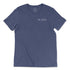 Navy blue premium heather short sleeve tee with small white "be kind." embroidery on left chest