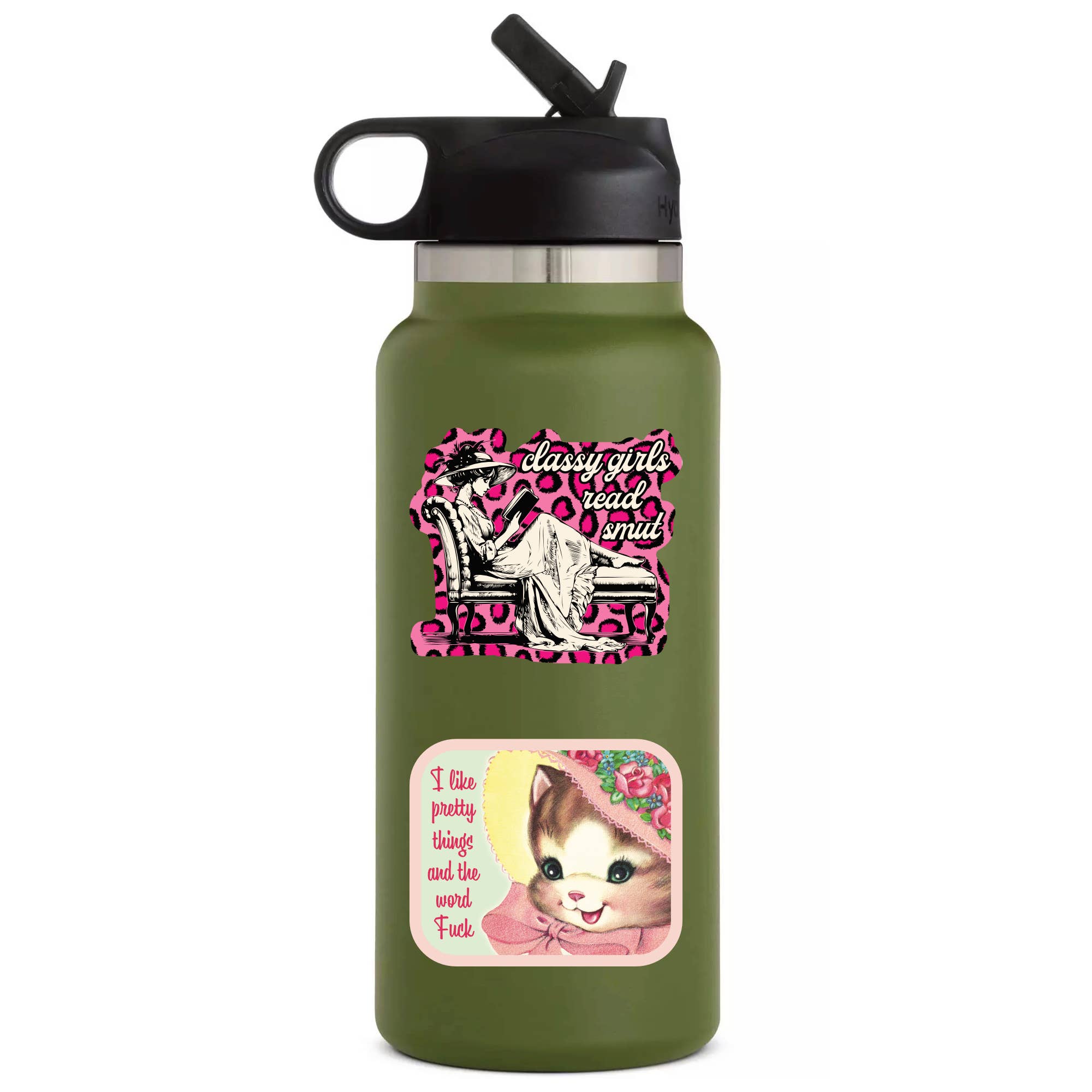 Green water bottle with graphic designs and text on a white background
