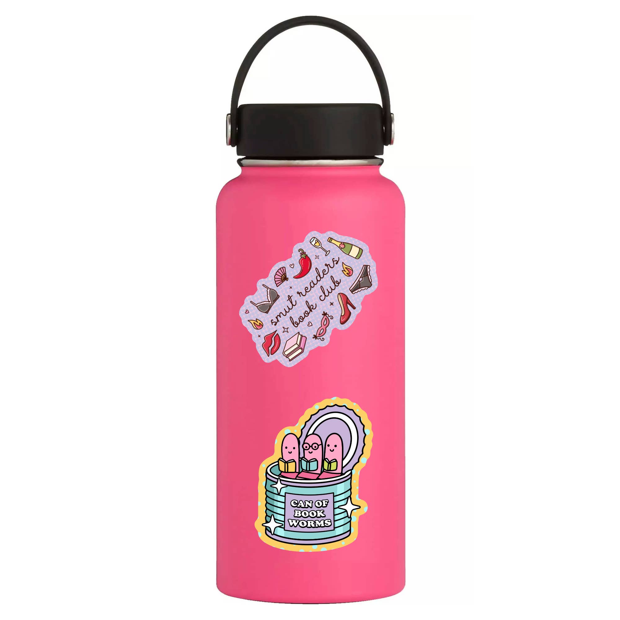 Pink water bottle with stickers on a white background