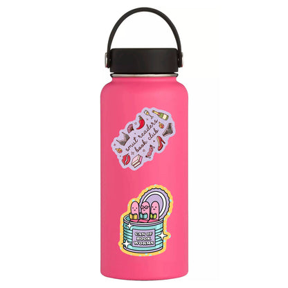 Pink water bottle with stickers on a white background