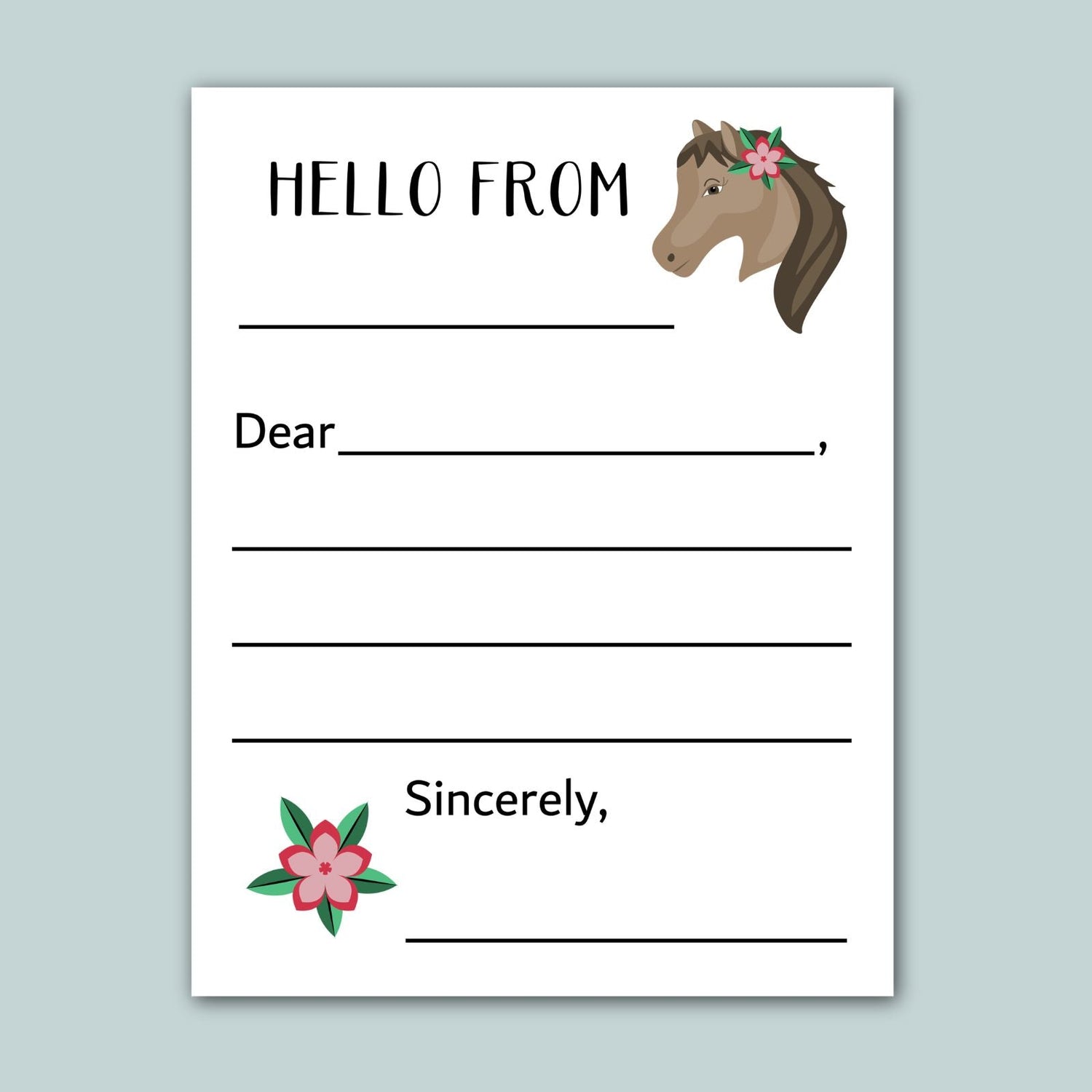 The image is a blank greeting card with a horse illustration and a pink flower. The card has a blank space for a message and a blank space for a signature.