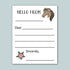 The image is a blank greeting card with a horse illustration and a pink flower. The card has a blank space for a message and a blank space for a signature.