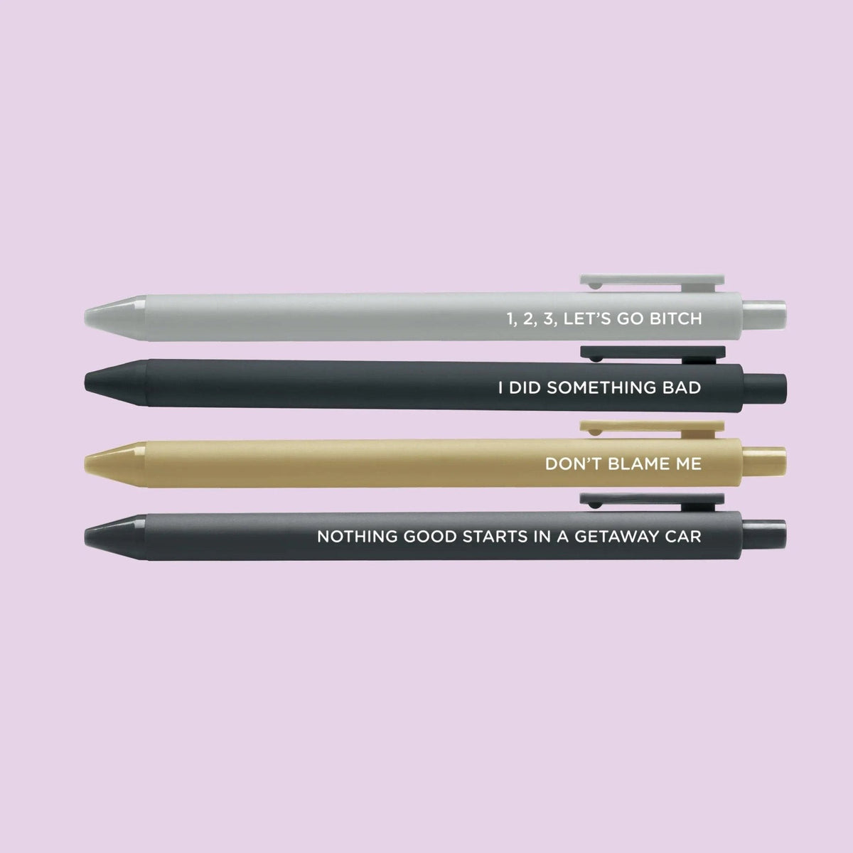 Big Reputation Pen Set detail — silver and gold soft touch pens with embossed lettering by indie artist MangoIllustrated