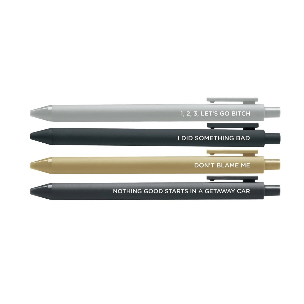 Big Reputation Pen Set close-up — black jotter pens with black gel ink by indie artist MangoIllustrated