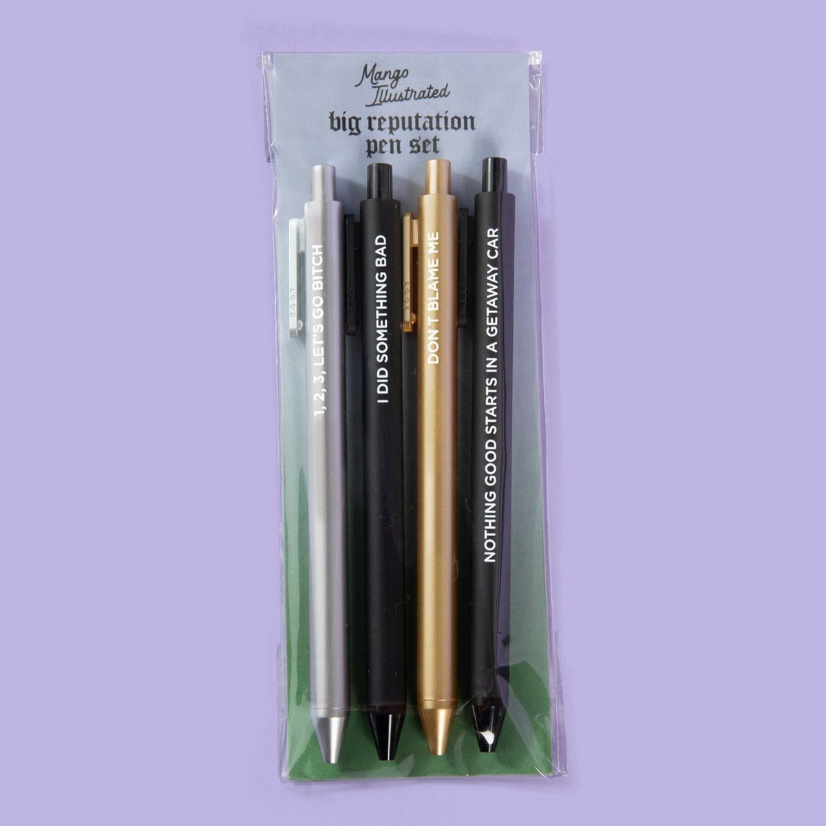 Big Reputation Pen Set flat lay — black and metallic jotter gel pen set by indie artist MangoIllustrated