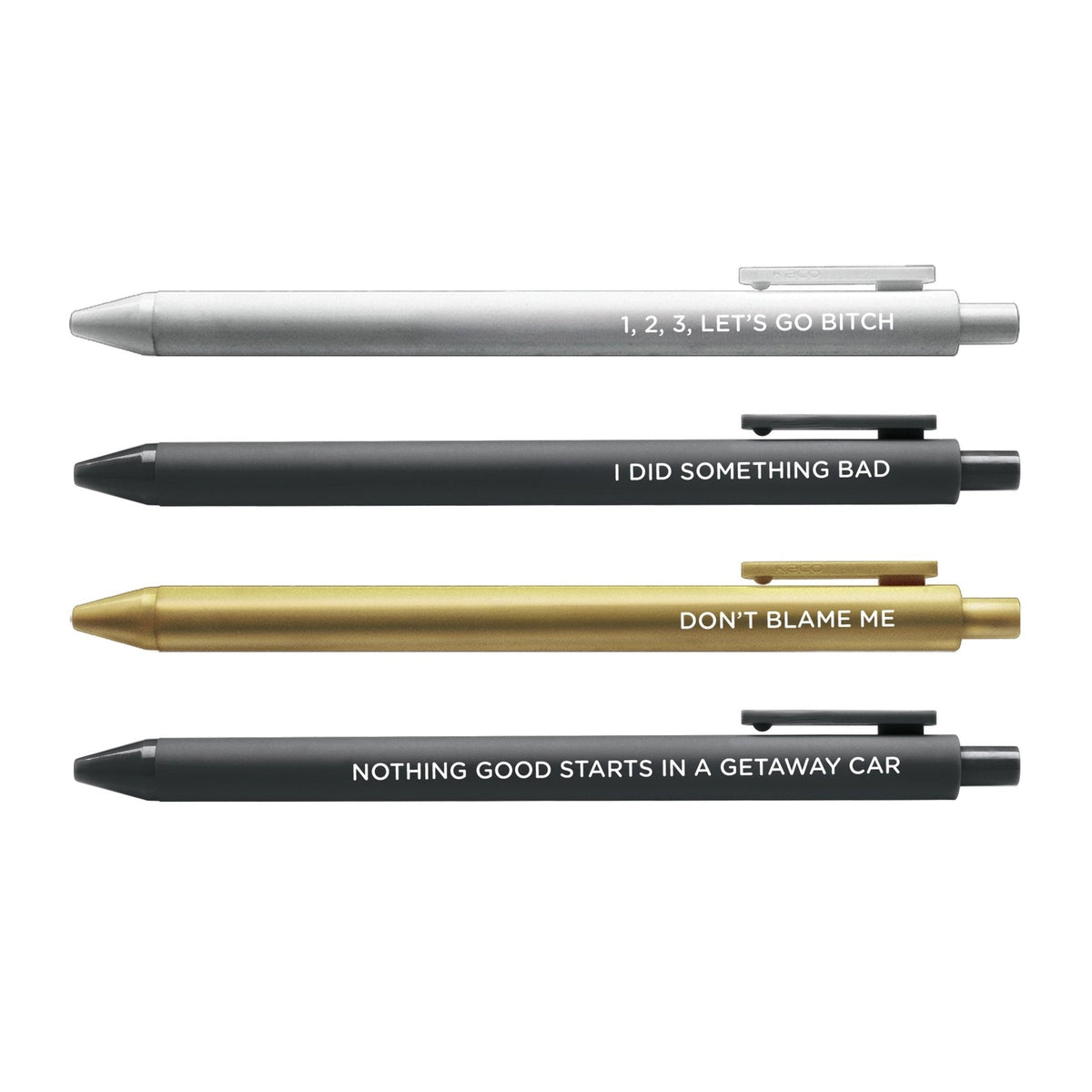 Big Reputation Pen Set — 4 soft touch jotter gel pens in silver, gold and black with embossed rep era phrases, 0.5mm fine point, by MangoIllustrated