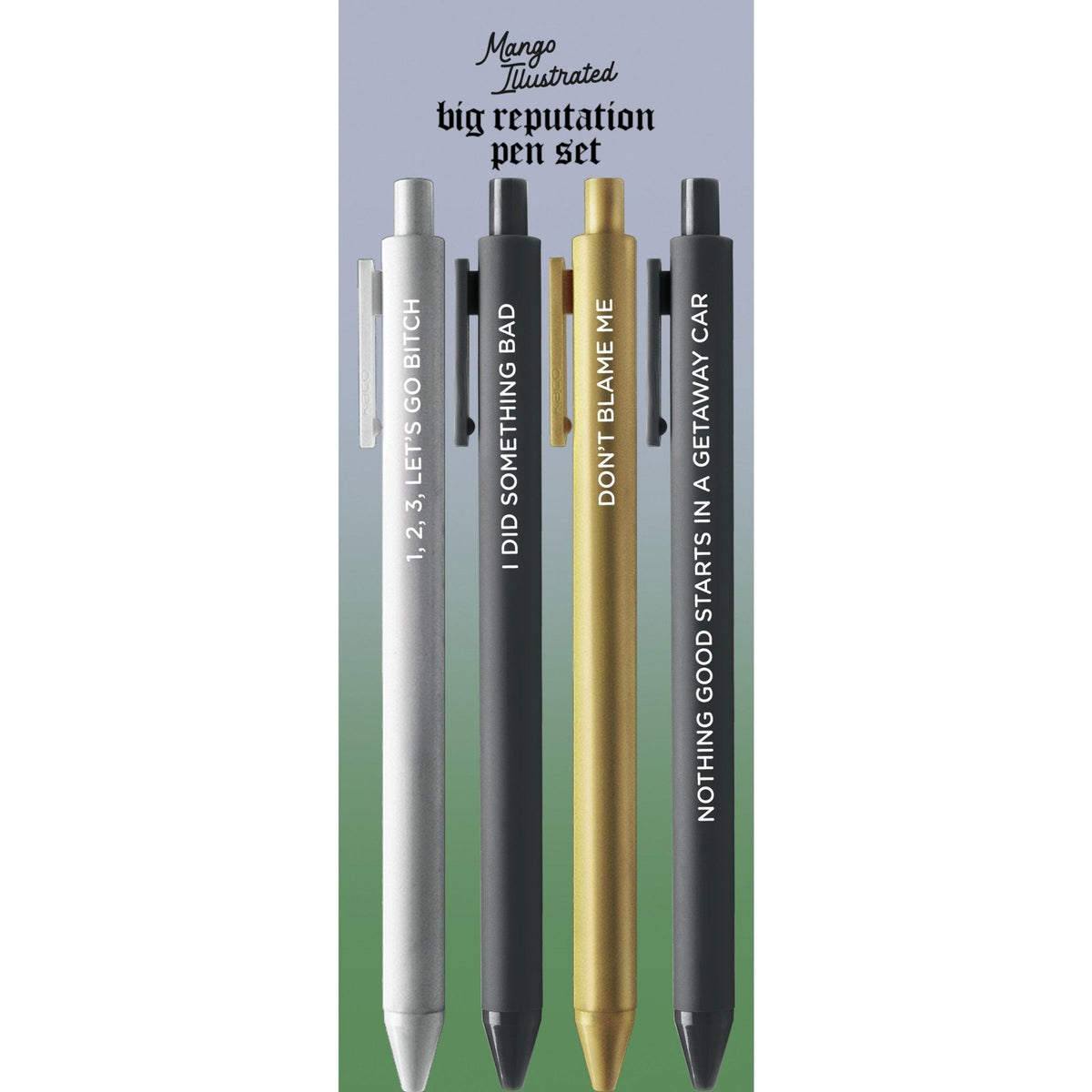 Big Reputation Pen Set in its cello sleeve with card backing — stationery gift by indie artist MangoIllustrated