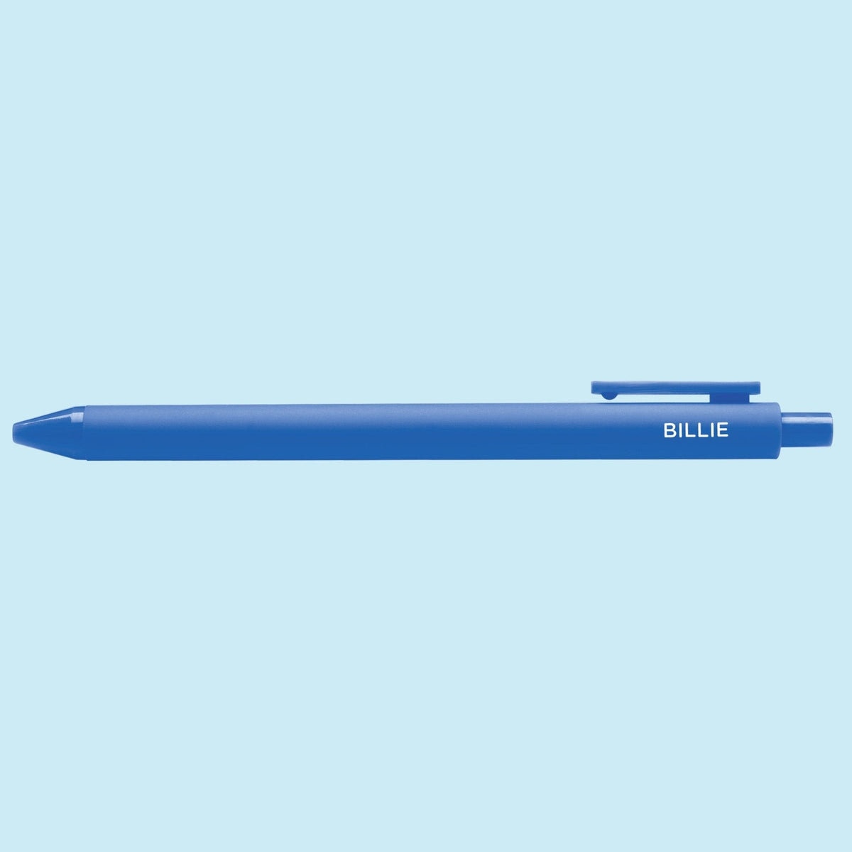 Blue pen with "Billie" text on a light blue background