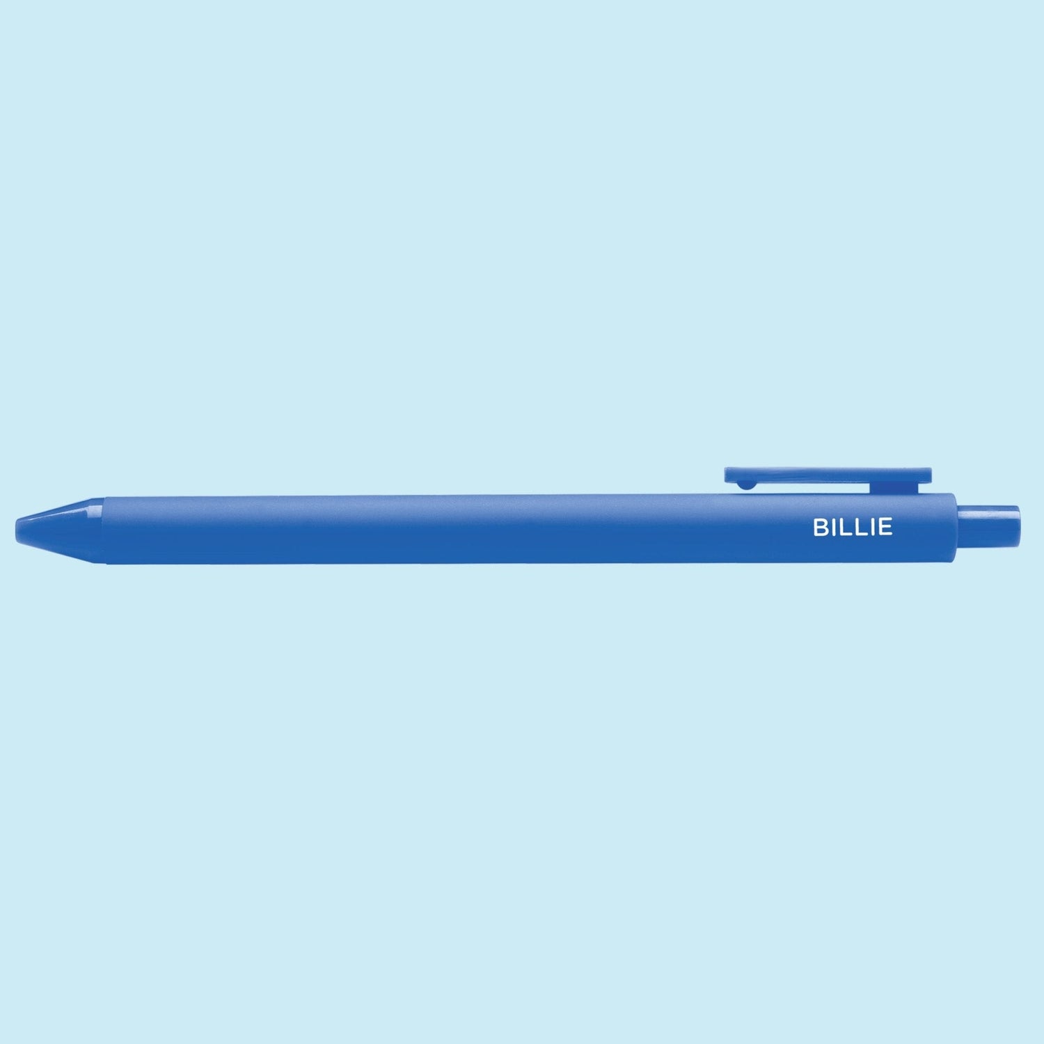 Blue pen with "Billie" text on a light blue background