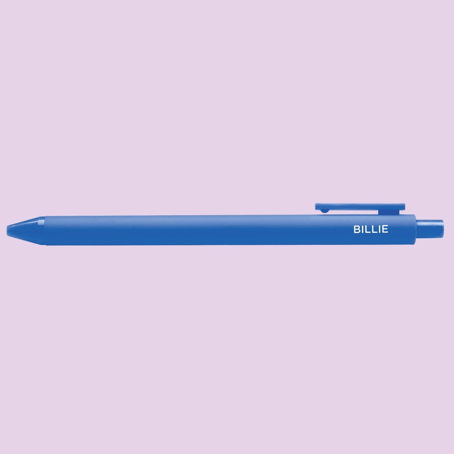 Blue pen with "Billie" text on a light purple background