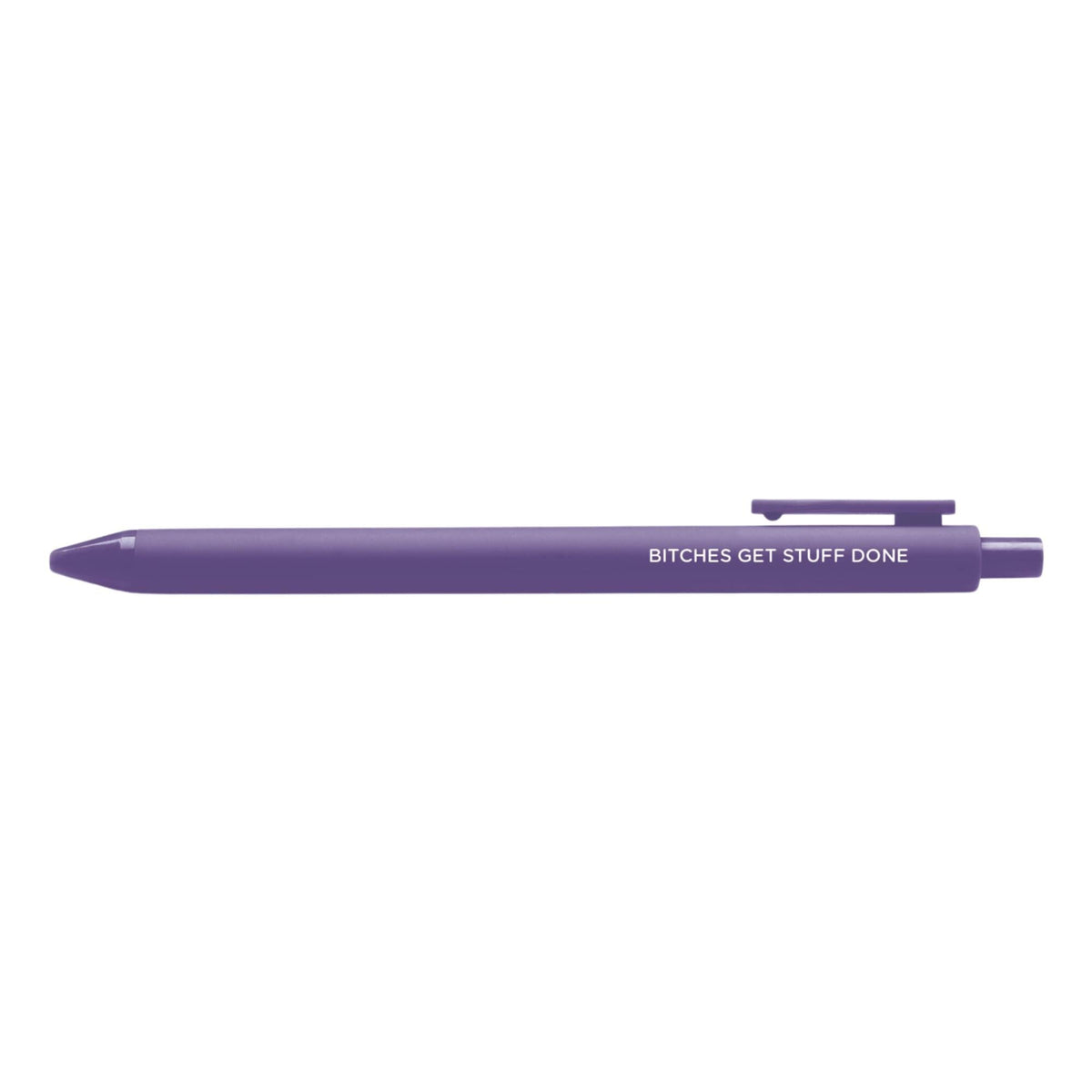 Bitches get stuff done pen flat lay — purple feminist gel pen with black ink by indie artist MangoIllustrated