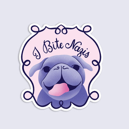 Sticker with a cartoon pug dog and text &