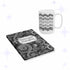 White ceramic mug with five gray chevron stripes beside a black hardcover journal covered in white concentric circles with an Unhinged Thoughts label plaque.