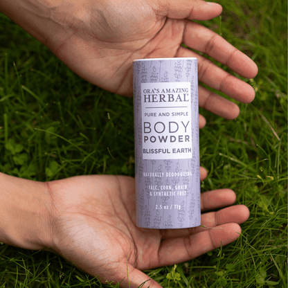 Blissful Earth Body Powder 2.5oz Lifestyle Human Hand Outdoor Square