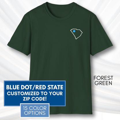 blue-dot-red-state-custom-unisex-tee-shirt-tshirt-democratic-activist-apparel-forest-green
