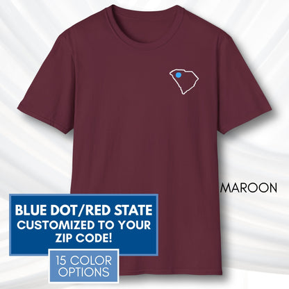 blue-dot-red-state-custom-unisex-tee-shirt-tshirt-democratic-activist-apparel-maroon