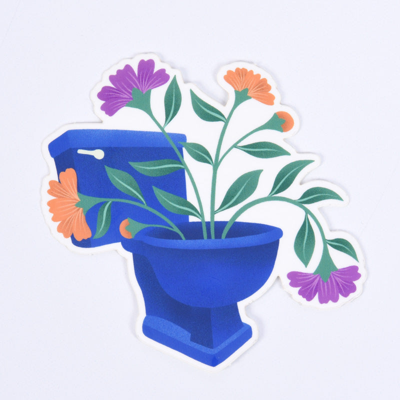 A sticker depicting a toilet bowl filled with colorful flowers