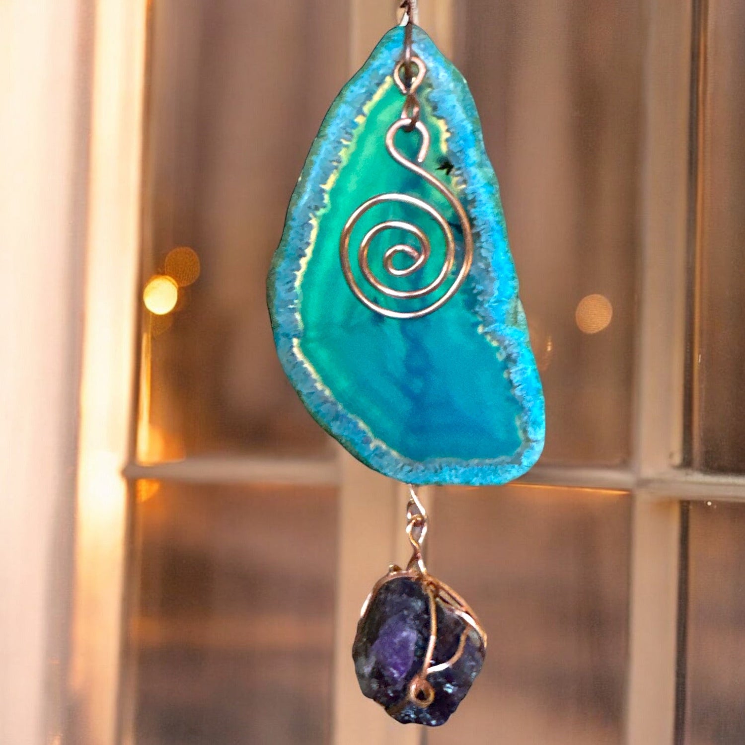 Crystals “Suncatcher”, Copper wrapped Crystals &amp; Agate Hangings