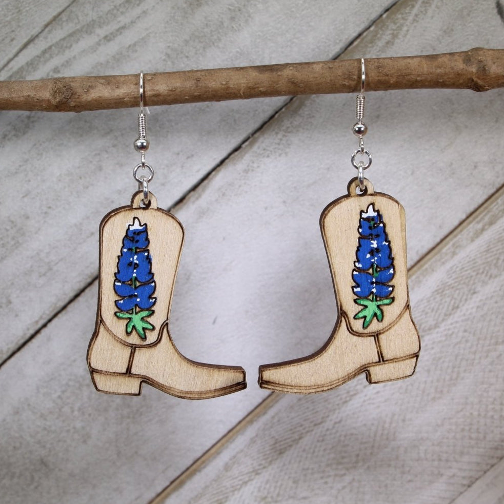 Bluebonnet Blossom Cowgirl Boot Earring: Rustic Texas Wildflower Jewelry - - Cate&