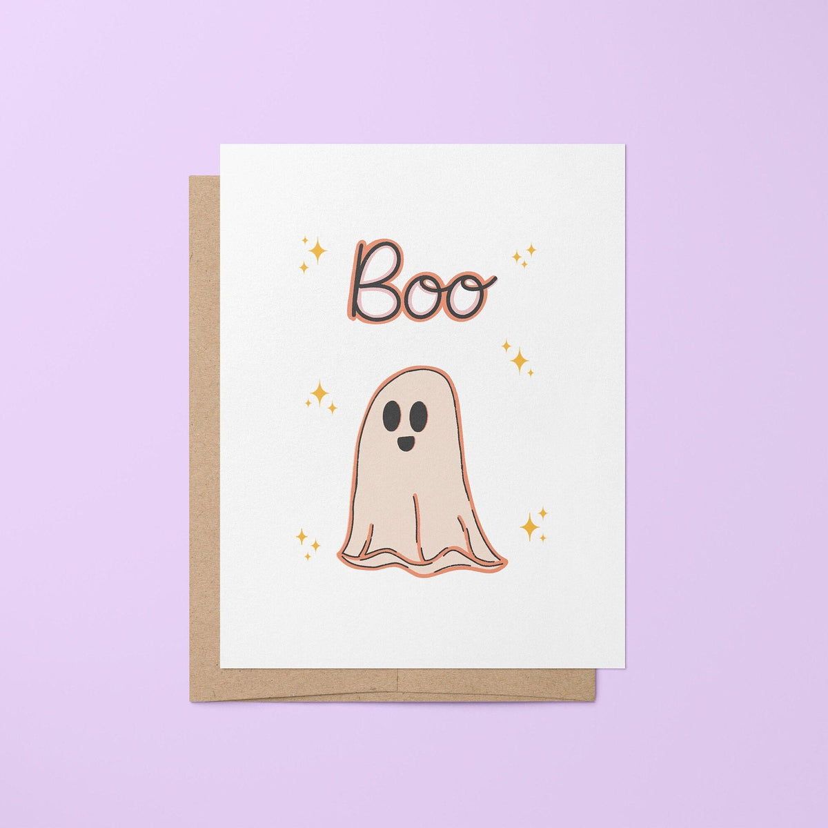 BOO Ghost halloween card — hand drawn ghost among stars under hand lettered "boo" in blush pink, orange and black, 4.25 x 5.5 in folded card, by MangoIllustrated